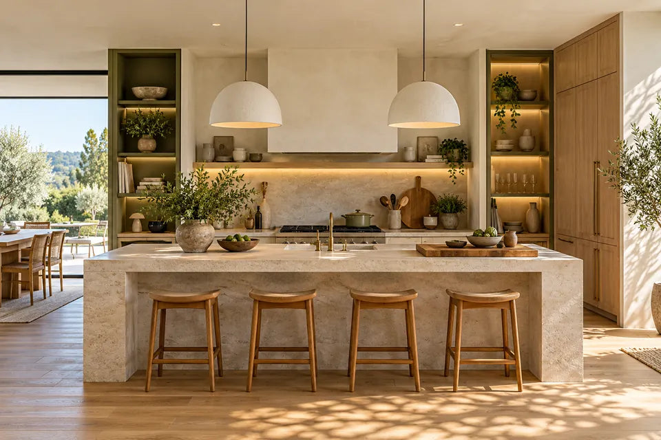 Concept interior: oak cabinetry, pale stone and integrated lighting