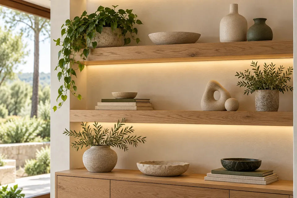 AI concept close-up of concealed lighting beneath an oak shelf