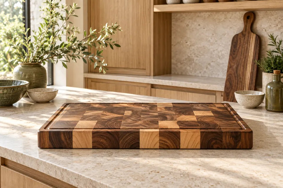 Concept still life: hardwood end-grain prep board and serving board